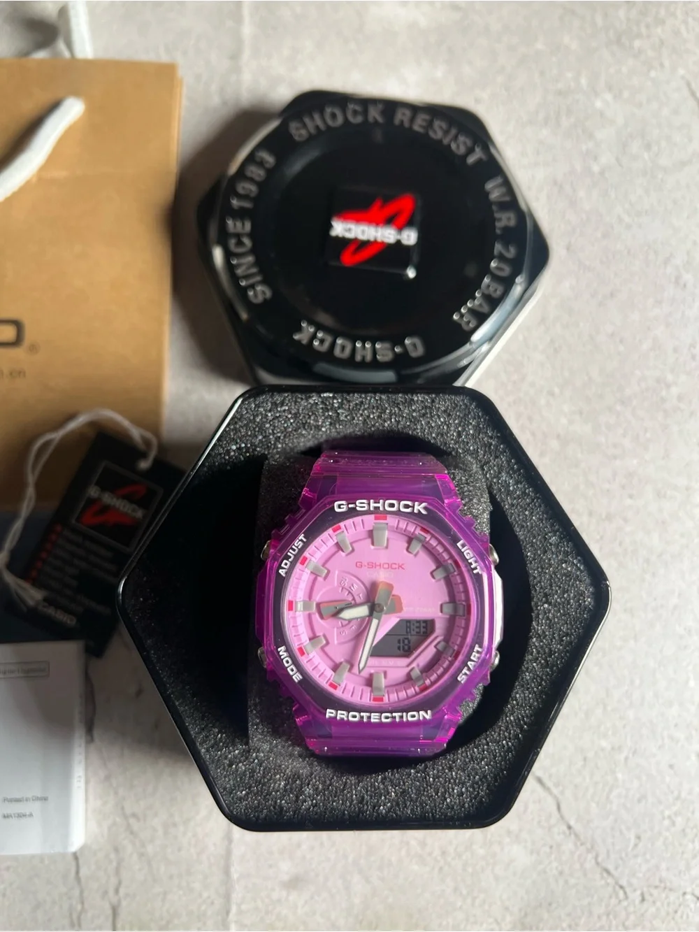Casio G-Shock Translucent Pink Resin Watch with Black Tin